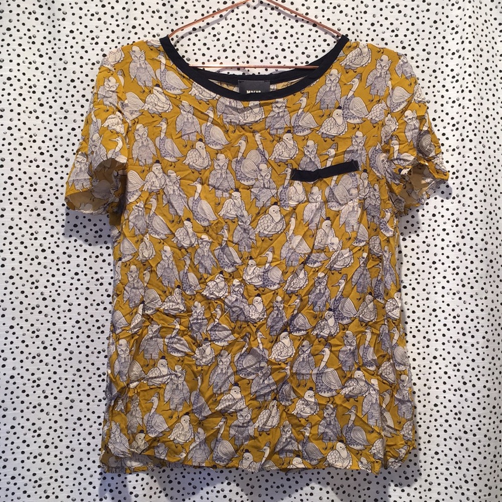 Anthropologie Maeve 8 mustard owl pidgin bird top
